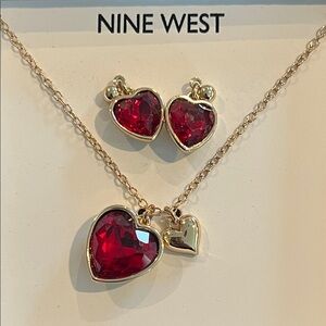 Nine West Gold and Red Crystal Heart Necklace Set